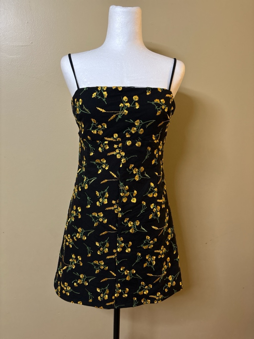 Urban Outfitters Black Floral Spaghetti-Strap Mini Dress
